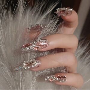 Elegant Rhinestone & Pink 3D Press On Nail Art Reusable Handmade 10pc Medium NWT